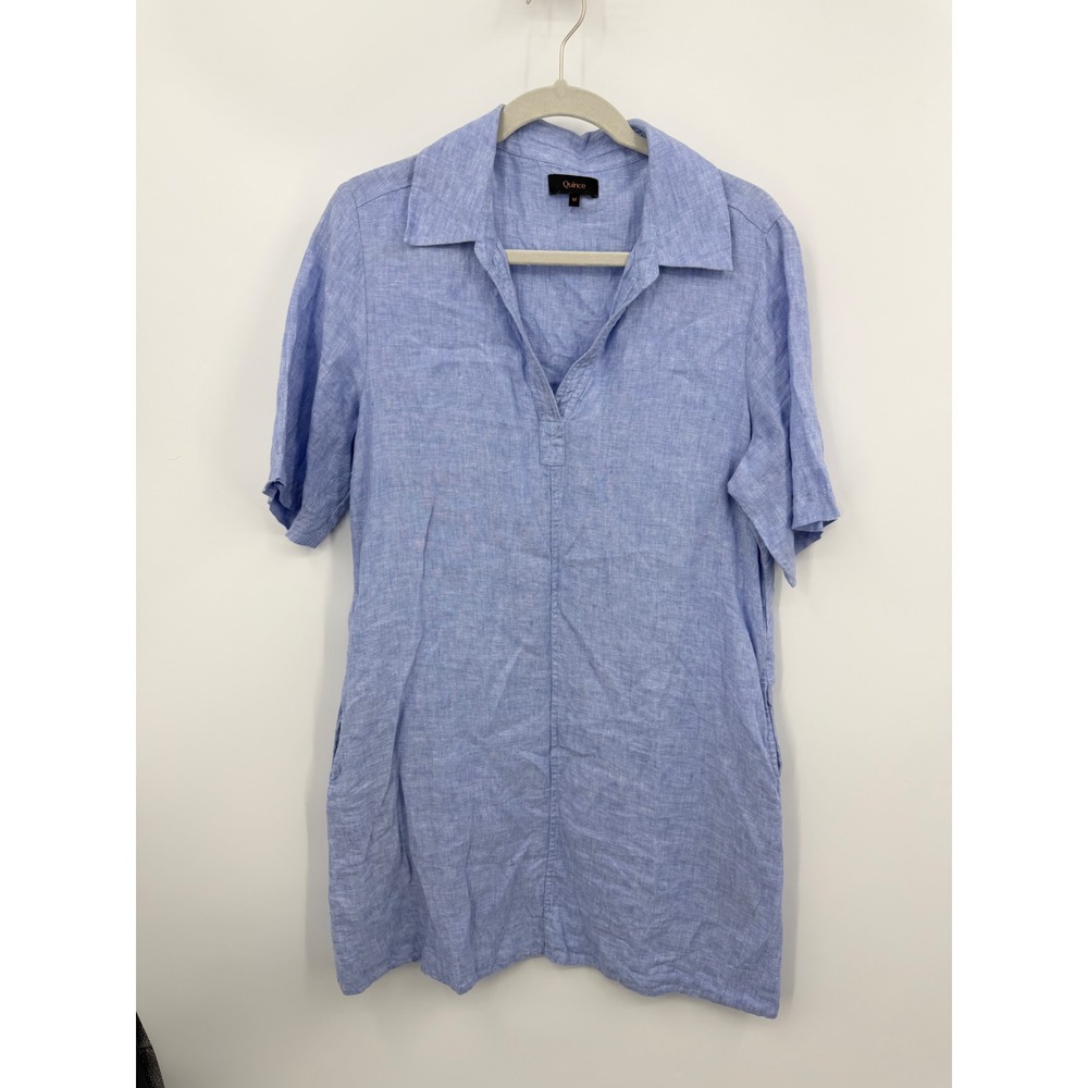 Quince European Linen Popover Mini Dress Women M French Blue Short Sleeve Pocket
